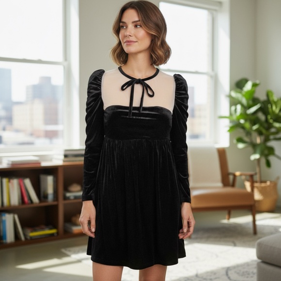 Chelsea & Violet Black Velvet Empire Waist Nude Mesh Hi Neck Ruched Sleeve - Picture 2 of 9